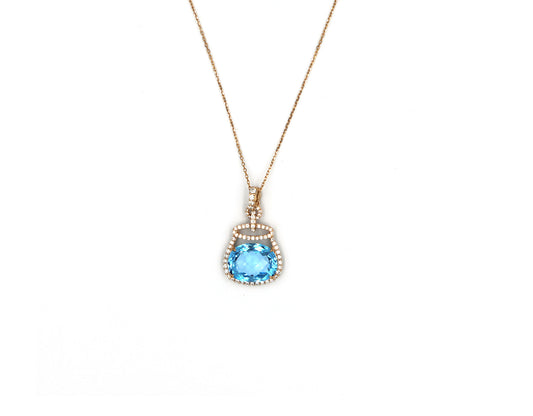 18K Rose Gold Necklace With Blue Topaz Gemstone And Diamonds