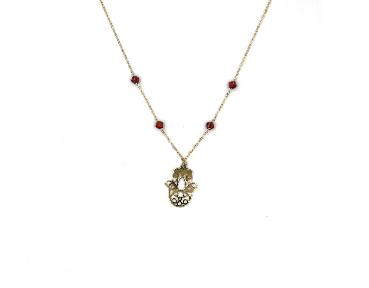 18k Gold Necklace with Fatimah Hand and Red Stones